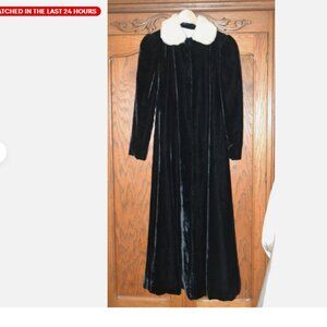 Vintage 30s 40s Black Velvet Opera Coat Jacket Duster Rabbit Fur Collar SMALL